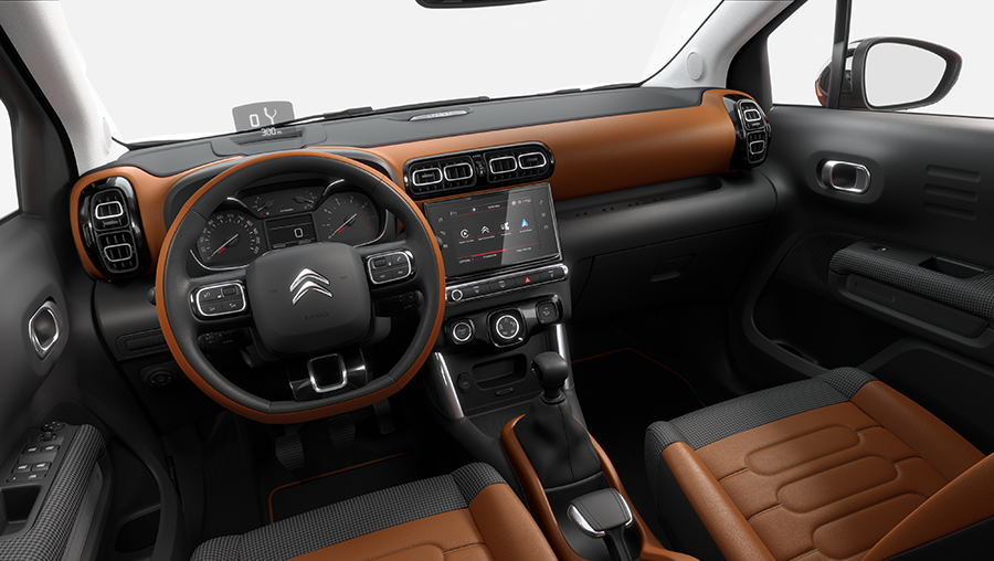 Interior castanho e preto do novo Citroën C3 Aircross